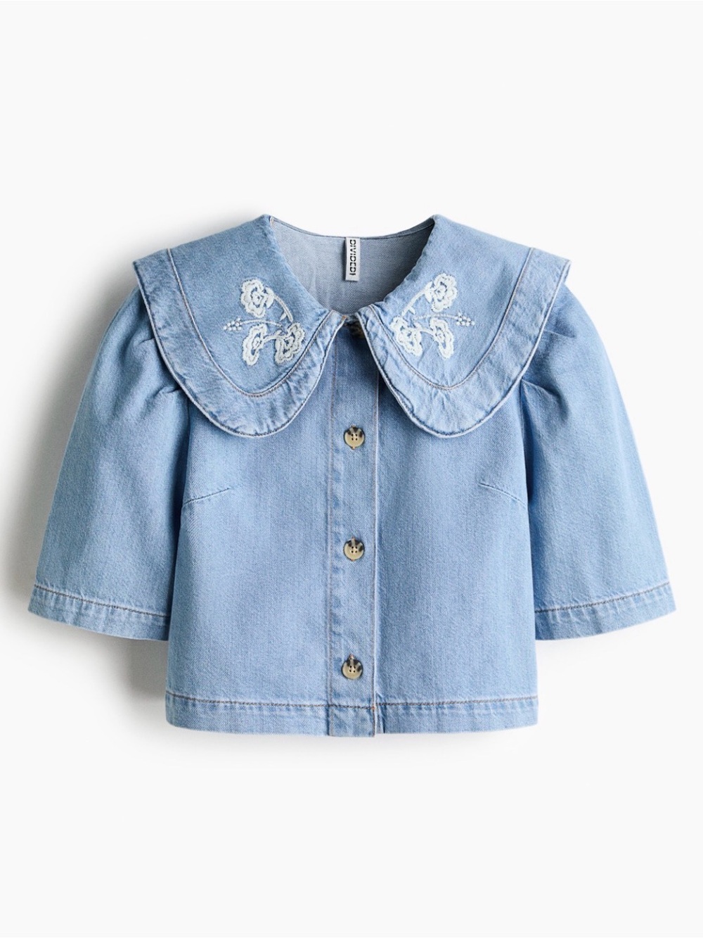 Light Blue Embroidered Collar Denim Jacket
